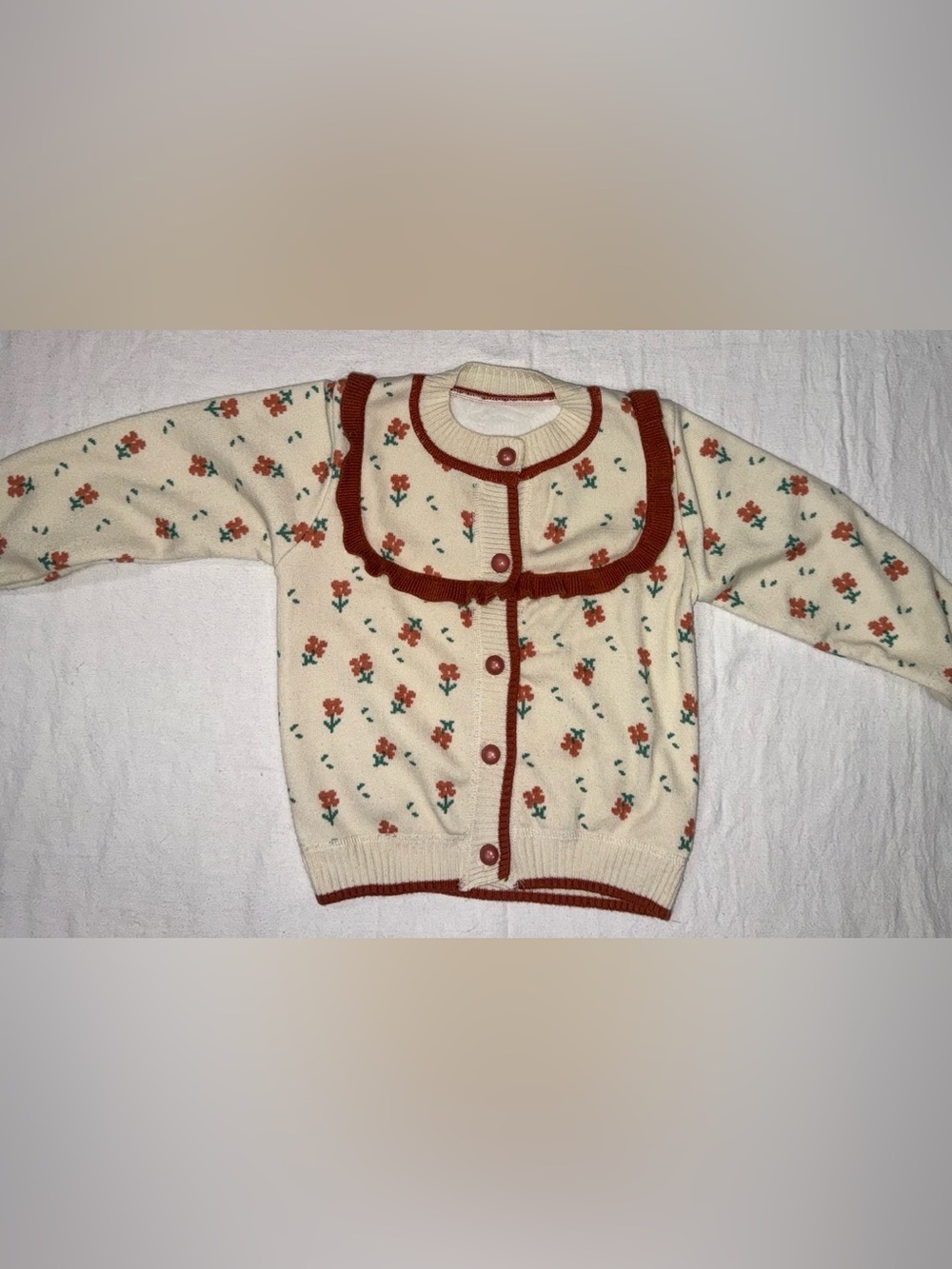 Cream Floral Ruffle-Trim Button Cardigan Sweater